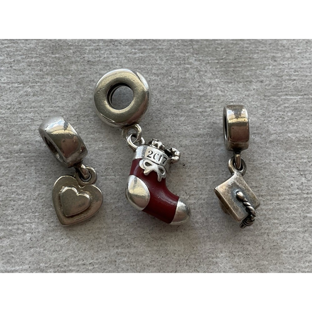 Pandora Lot Of 3 ALE 925 Sterling Silver Dangle Charm Xmas Stocking Heart Grad